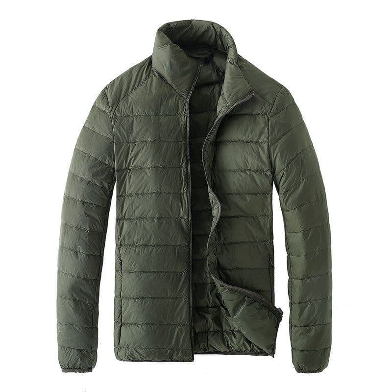 image-Men's Down Jacket - Light Grey Stand Collar Hooded