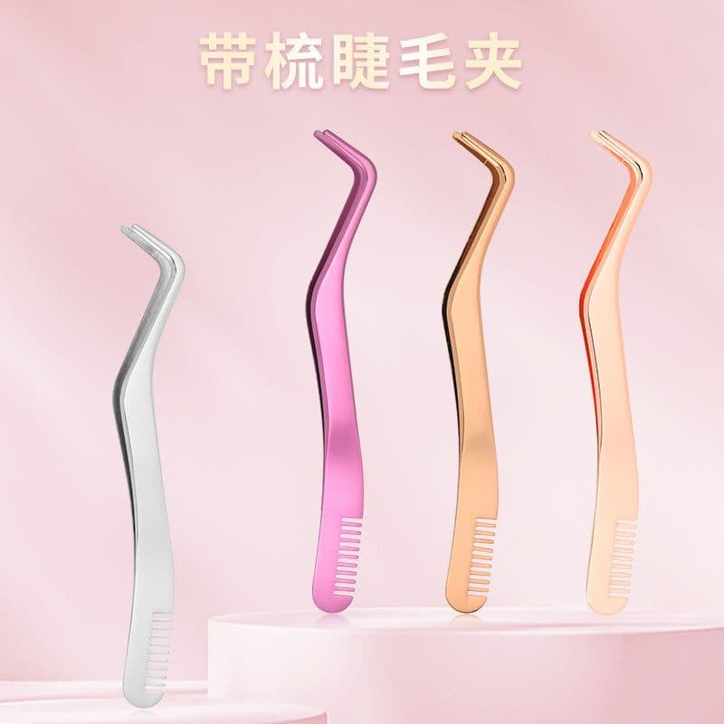 image-Stainless Steel Eyelash Tweezers with Comb