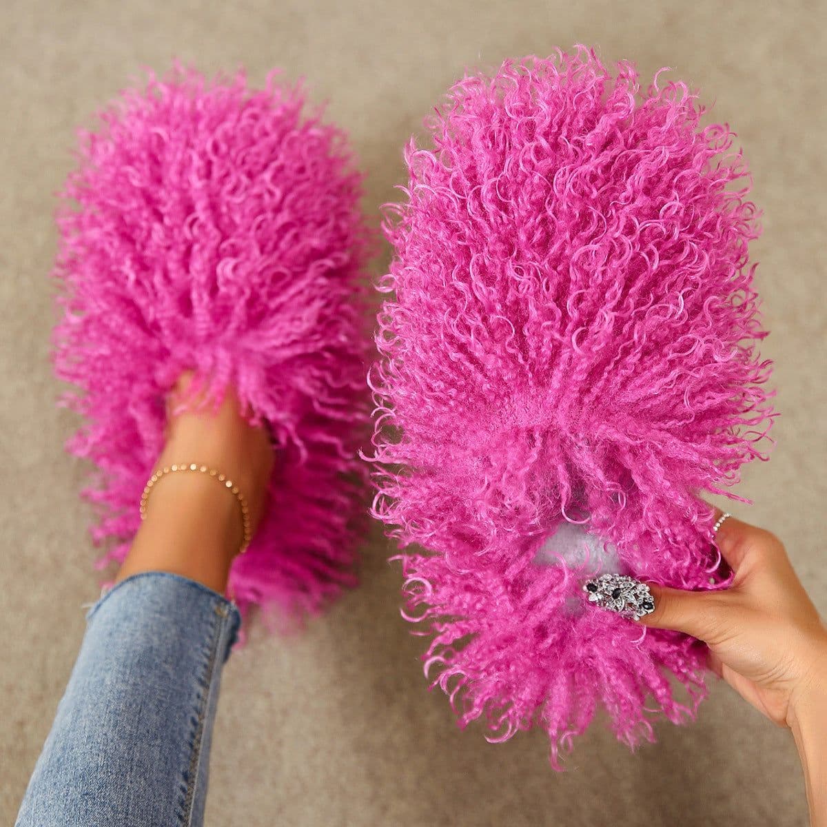 image-Women's Fur Slippers - Warm Home Cotton Slides