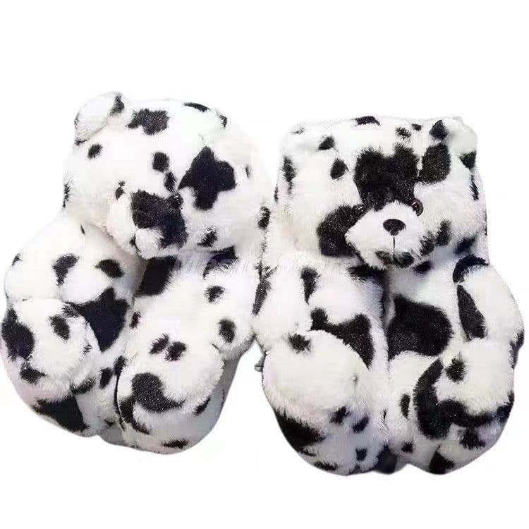 image-Cartoon Bear Plush Slippers - Large, South Korean Velvet, Dark Teddy Bear Shoes
