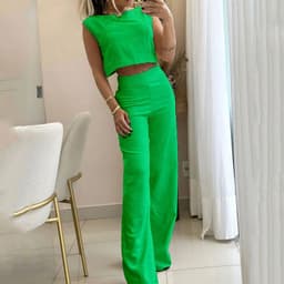 image-Women's Sleeveless Suit Set - Green Polyester Casual