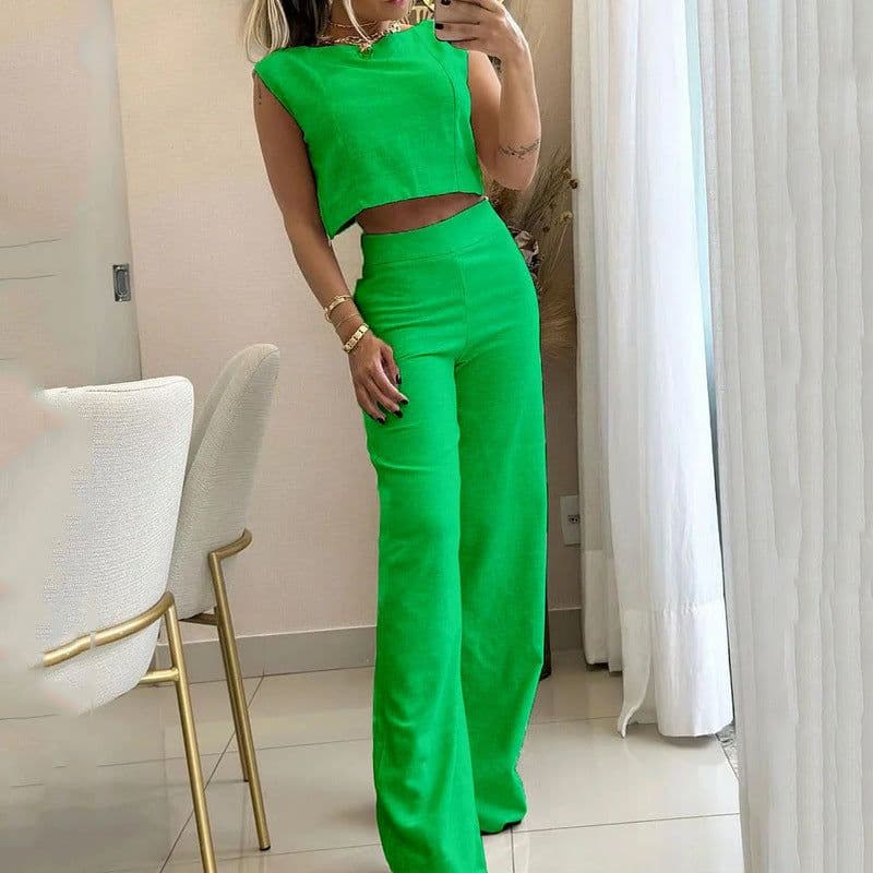 image-Women's Sleeveless Suit Set - Green Polyester Casual