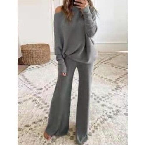 image-Women's Knitted Suit Khaki One-Shoulder Long Sleeve XXXL