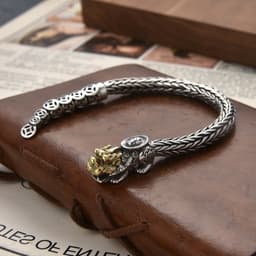 image-Sterling Silver Pixiu Bracelet for Men, Hand-Woven, 925 Silver, 22cm