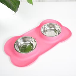 image-Silicone Pet Bowl - Cat Dog Anti-Spill Stainless Steel Double Bowl Placemat