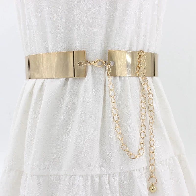 image-Women's Metal Waist Chain Belt - Silver Hollow 3.5cm