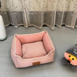 image-Square Kennel Pet Cushion Mat - Washable, Breathable, Cotton & Linen, Gray/Pink