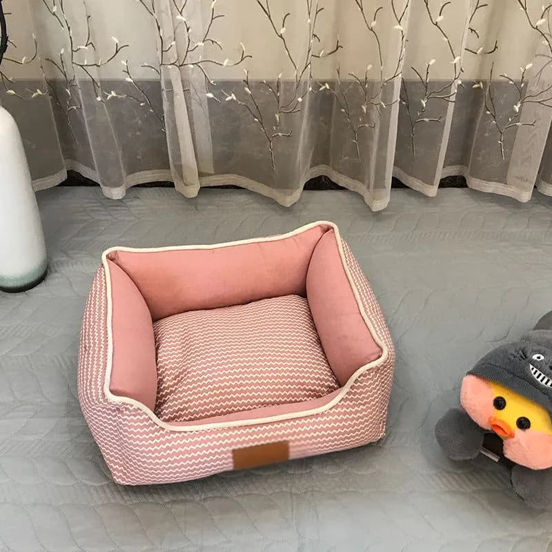 image-Square Kennel Pet Cushion Mat - Washable, Breathable, Cotton & Linen, Gray/Pink