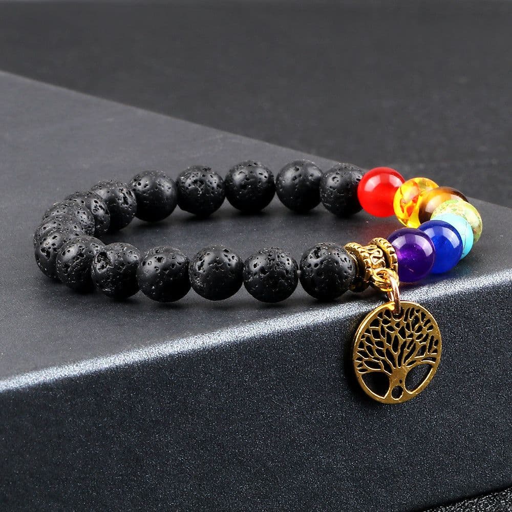 image-European and American cross-border foreign trade creative 8mm bead bracelet Volcanic lava hand string wooden beads alloy tree of life pendant