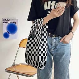 image-2021 Japan and South Korea cross-border checkerboard contrast color knitted shoulder tote bag woven tote bag shoulder underarm bag women