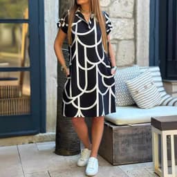image-Women's Printed V-Neck Midi Dress - Polyester Short Sleeve