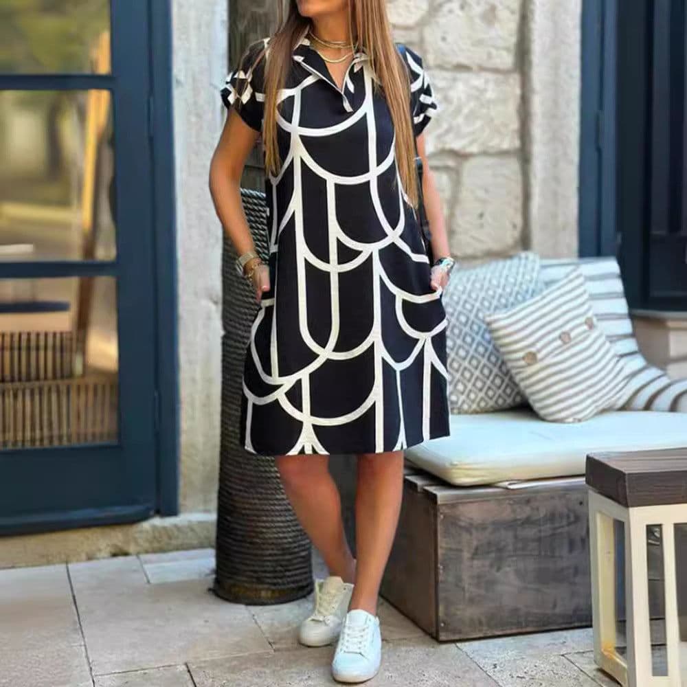 image-Women's Printed V-Neck Midi Dress - Polyester Short Sleeve