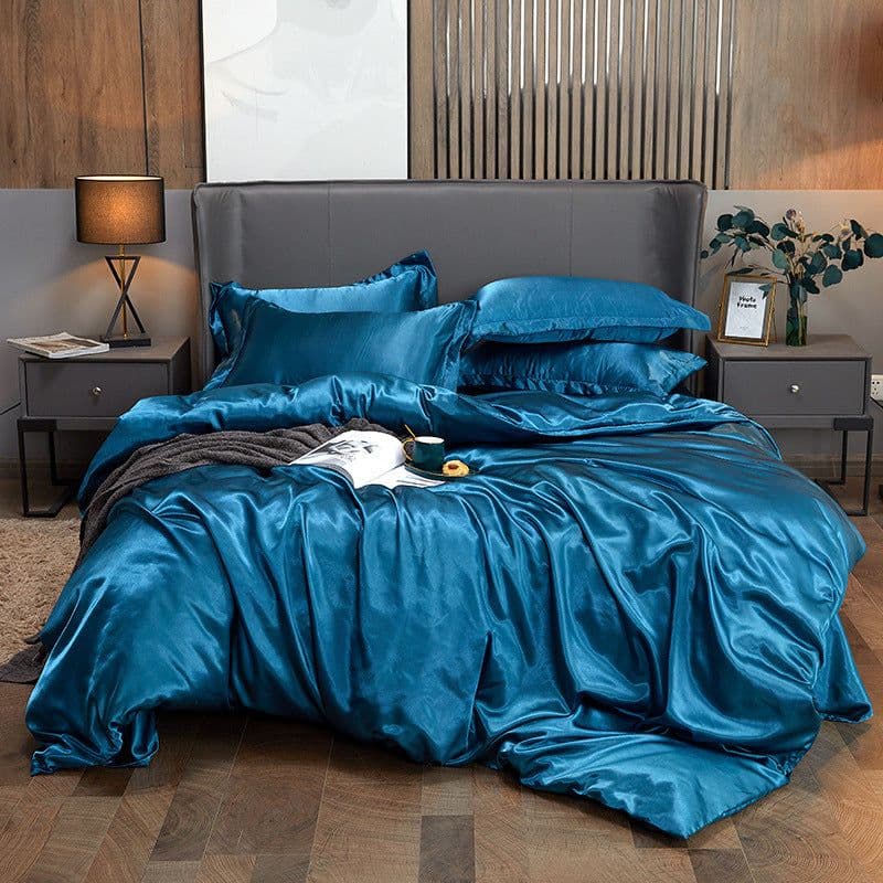 image-4-Piece Ice Silk Bedding Set - Pink Silver Gray
