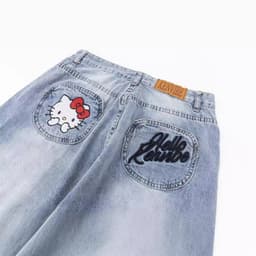 image-National trend street washed distressed cartoon cat letter embroidered jeans unisex fashion brand loose wide-leg trousers