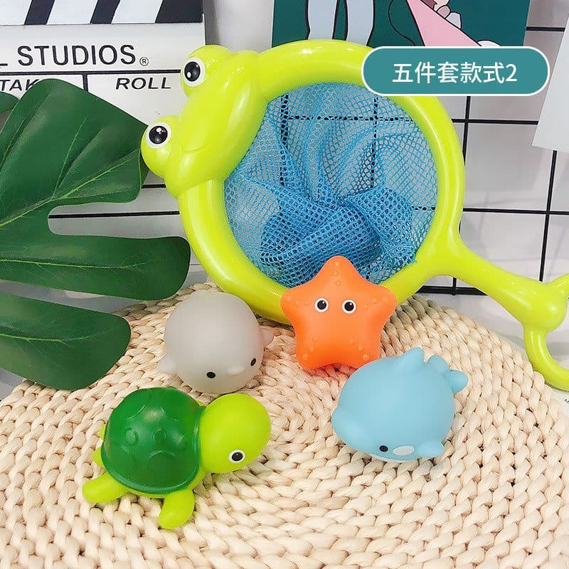 image-Cross-border induction light-emitting animal floating water light net fishing fish play water toy children's baby bath vinyl toy