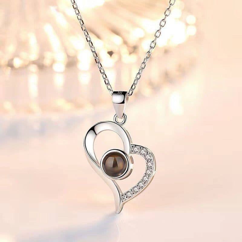 image-100 Languages Heart Necklace - Silver Memory Projection