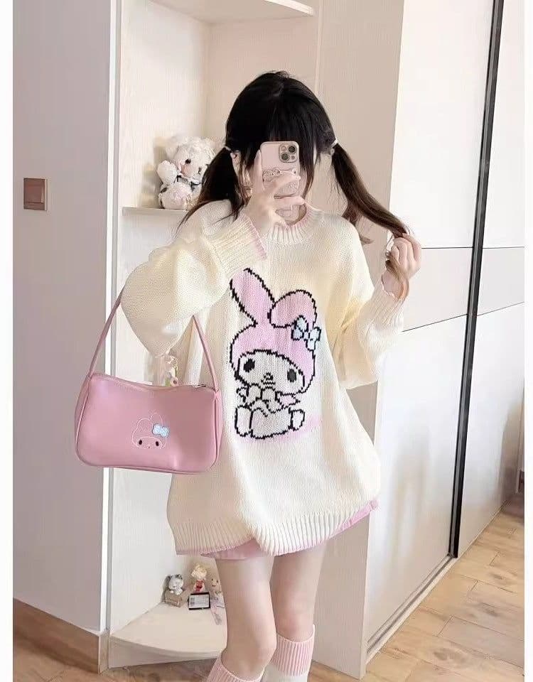 image-Women's Rabbit Knit Sweater - White Loose Fit POLO Collar