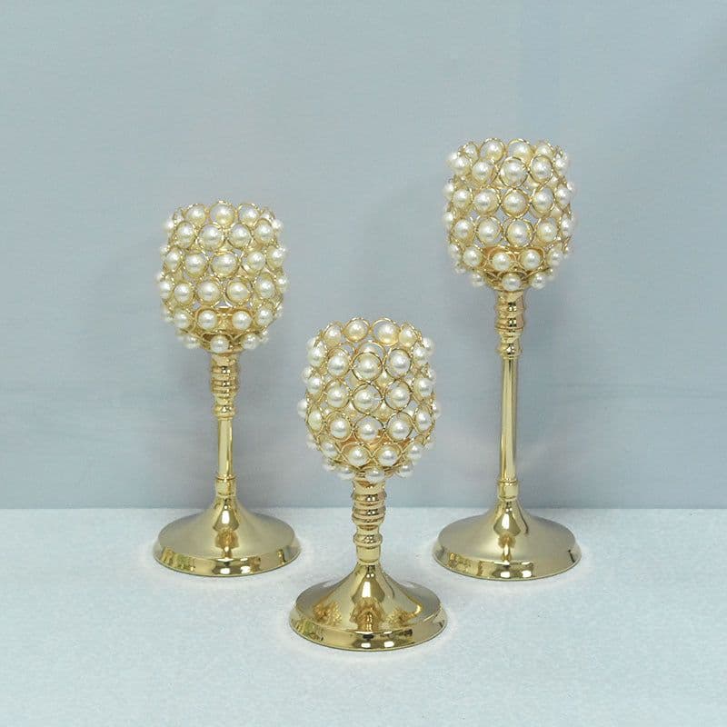 image-Metal Candlestick Holder - Gold Pearl 11.5x32cm