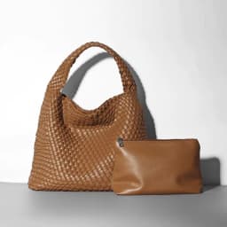 image-Woven Bucket Bag - Black Vegan Leather Large
