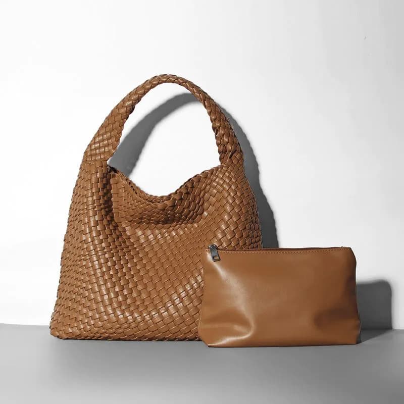 image-Woven Bucket Bag - Black Vegan Leather Large
