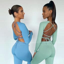 image-Backless Yoga Set - Women's 3/4 Sleeve Top & Pants