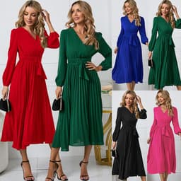 image-Elegant 2023 Long-Sleeved V-Neck Dress - High Waist Blue XXL