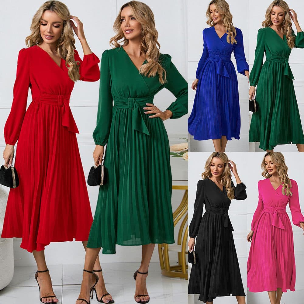 image-Elegant 2023 Long-Sleeved V-Neck Dress - High Waist Blue XXL