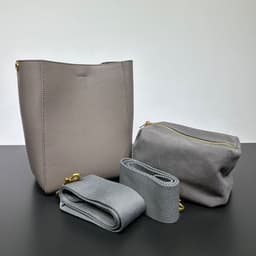 image-Genuine Leather Large Capacity Bucket Bag - Gray - Korean Style (65 characters)