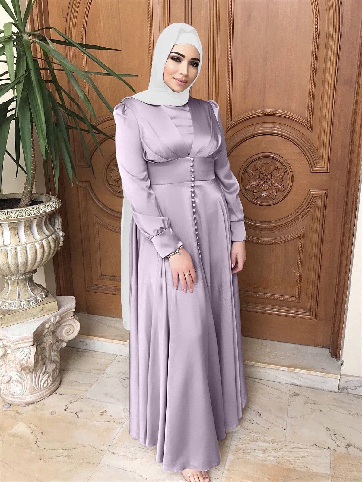 image-Elegant Light Purple Satin Abaya - XXL Muslim Dress, Beading, Sufman Brand