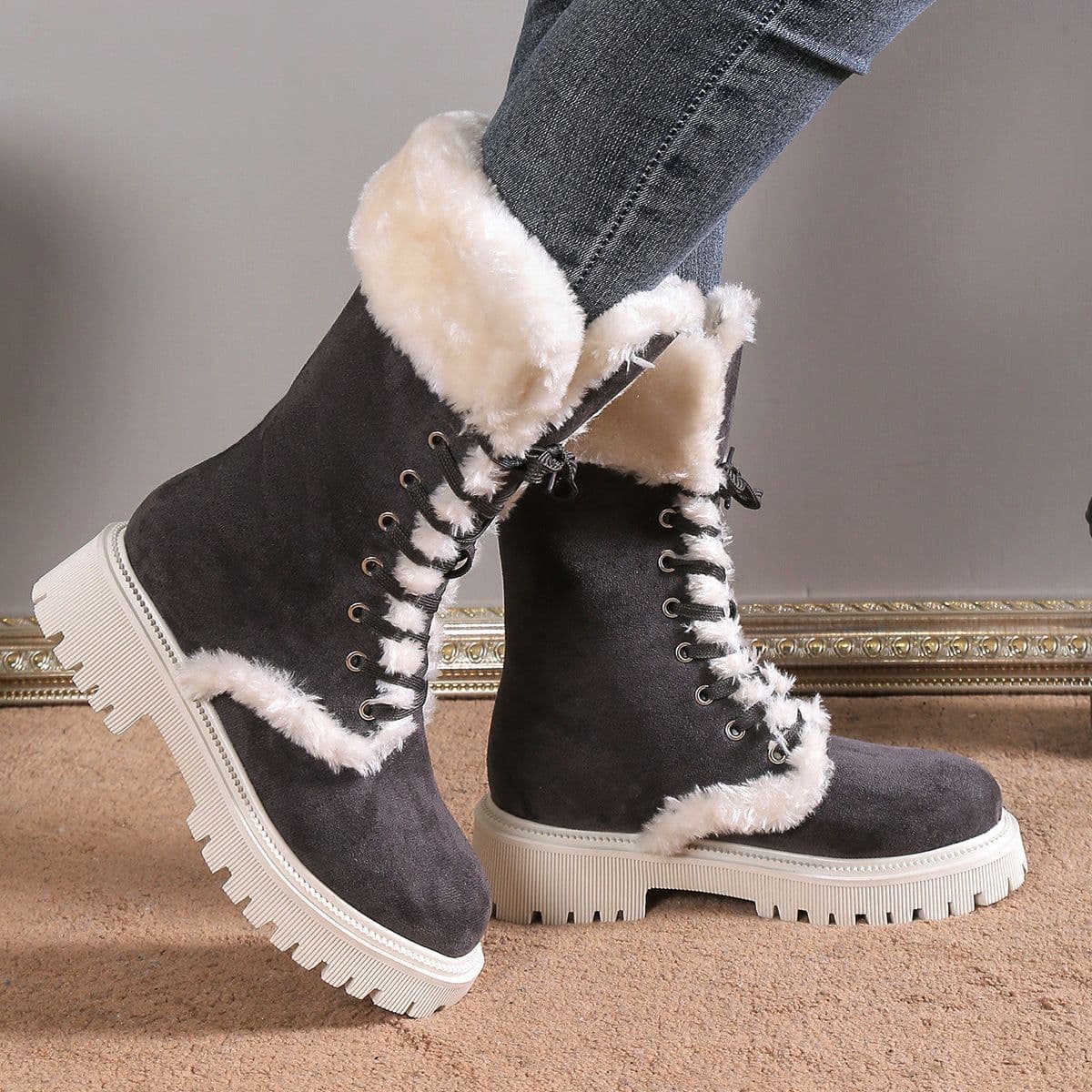 image-Women's Snow Boots - Black Suede Mid-Calf Lace-Up