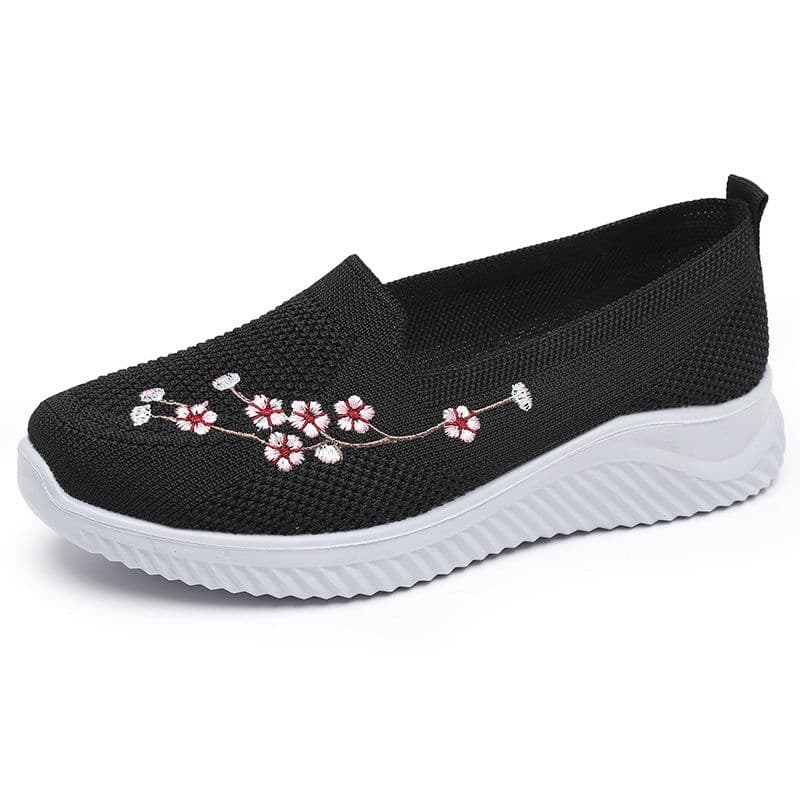 image-Women's Embroidered Sports Shoes - Lightweight, Pink/Black/Gray, Flat Heel