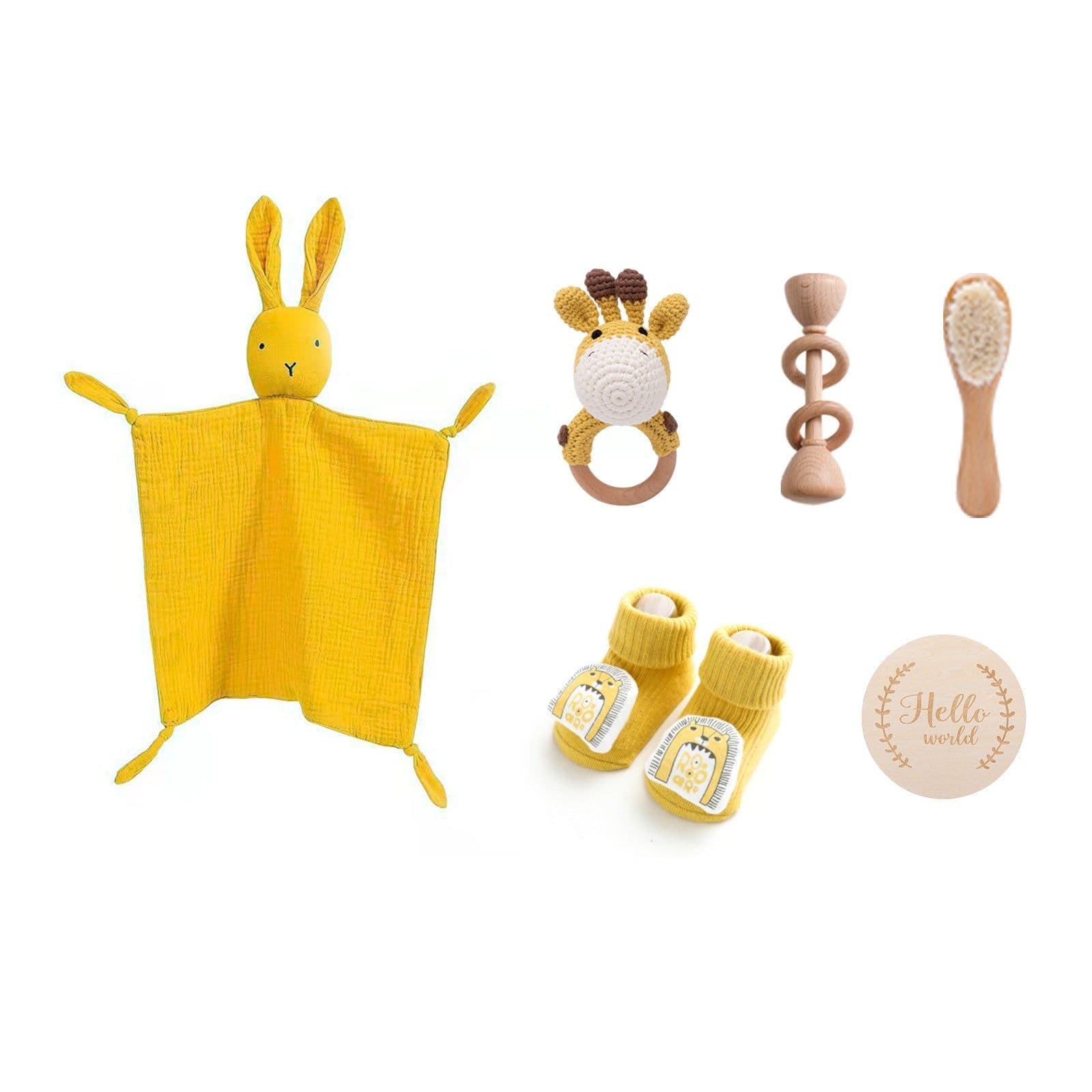 image-Newborn Infant Bath Towel Rattle Gift Set - Wooden Crochet Rattle