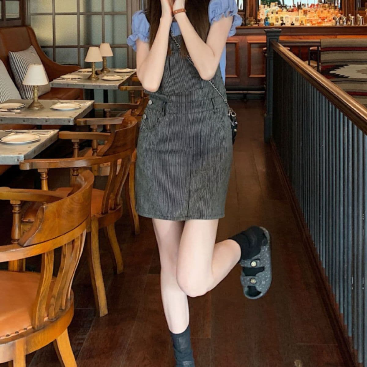 image-Women's Blue Off-Shoulder Puff Sleeve Cotton Top