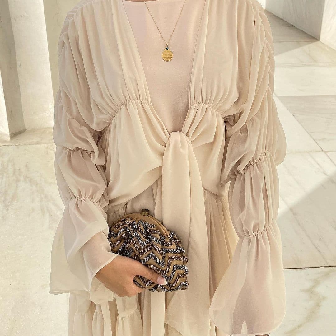 image-Loriya Belted Puff Sleeve Cardigan - Black Long Pleated