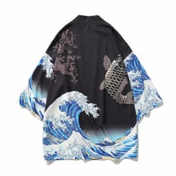 image-A generation of Japanese ukiyo-e Taoist robe sea wave carp kimono male and female couple three-quarter sleeve shirt wholesale