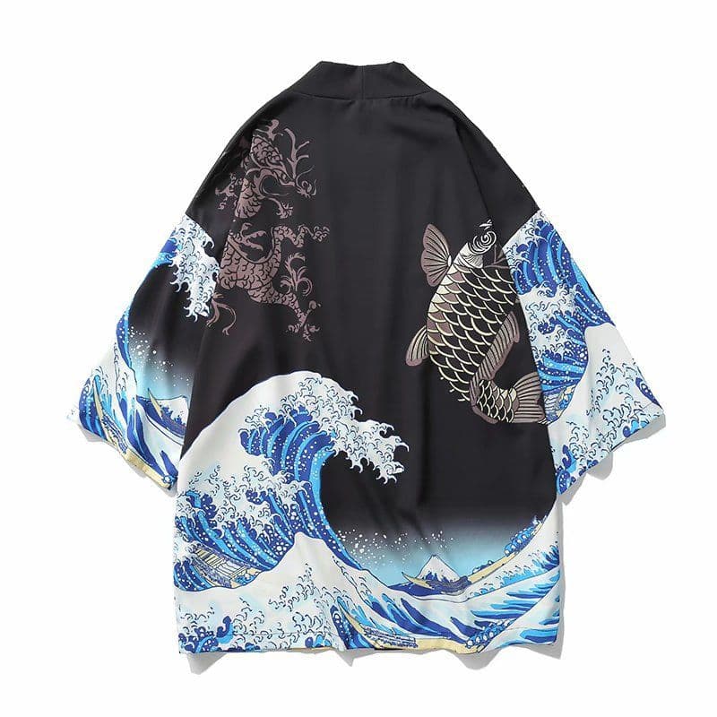 image-A generation of Japanese ukiyo-e Taoist robe sea wave carp kimono male and female couple three-quarter sleeve shirt wholesale