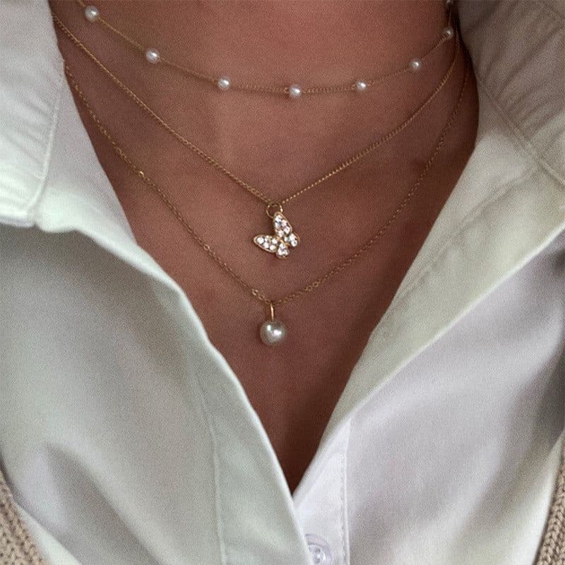 image-Pearl Butterfly Necklace - Diamond Multi-Layer
