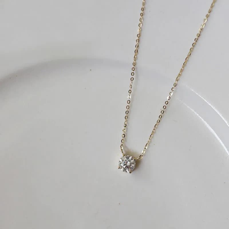image-Sterling Silver Necklace Plated 14K Gold One Carat Diamond Four Claw Pendant