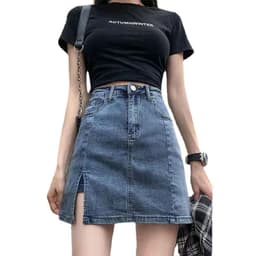 image-Denim Skirt Women High Waist A-Line Blue Short