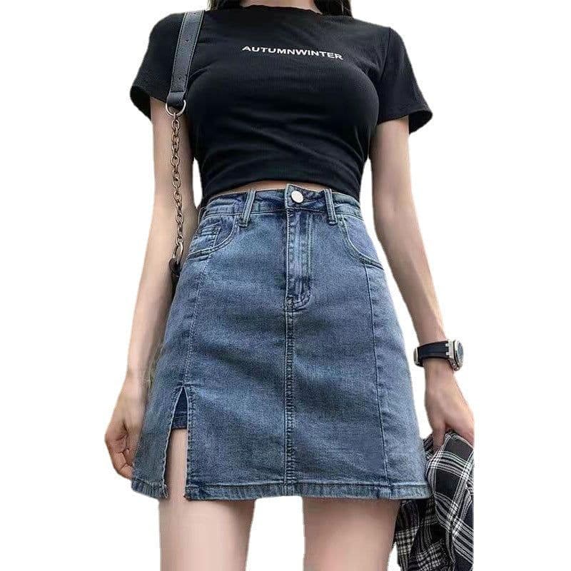 image-Denim Skirt Women High Waist A-Line Blue Short