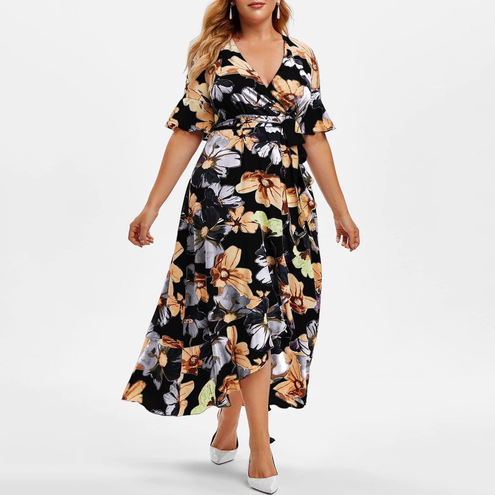 image-Women's Bohemian Print Midi Dress - Large V-Neck