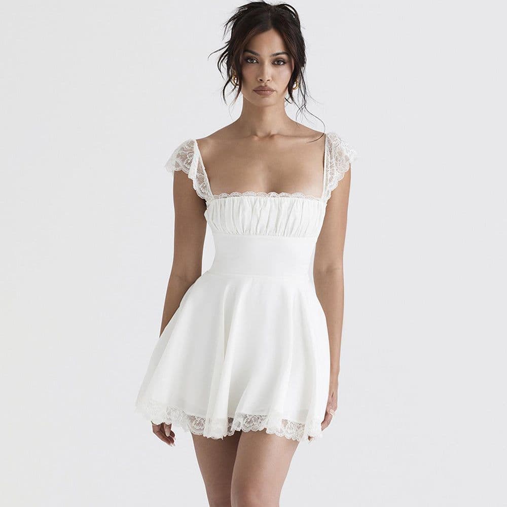 image-2023 European and American women's summer new lace square neck suspender skirt slim backless white French dress