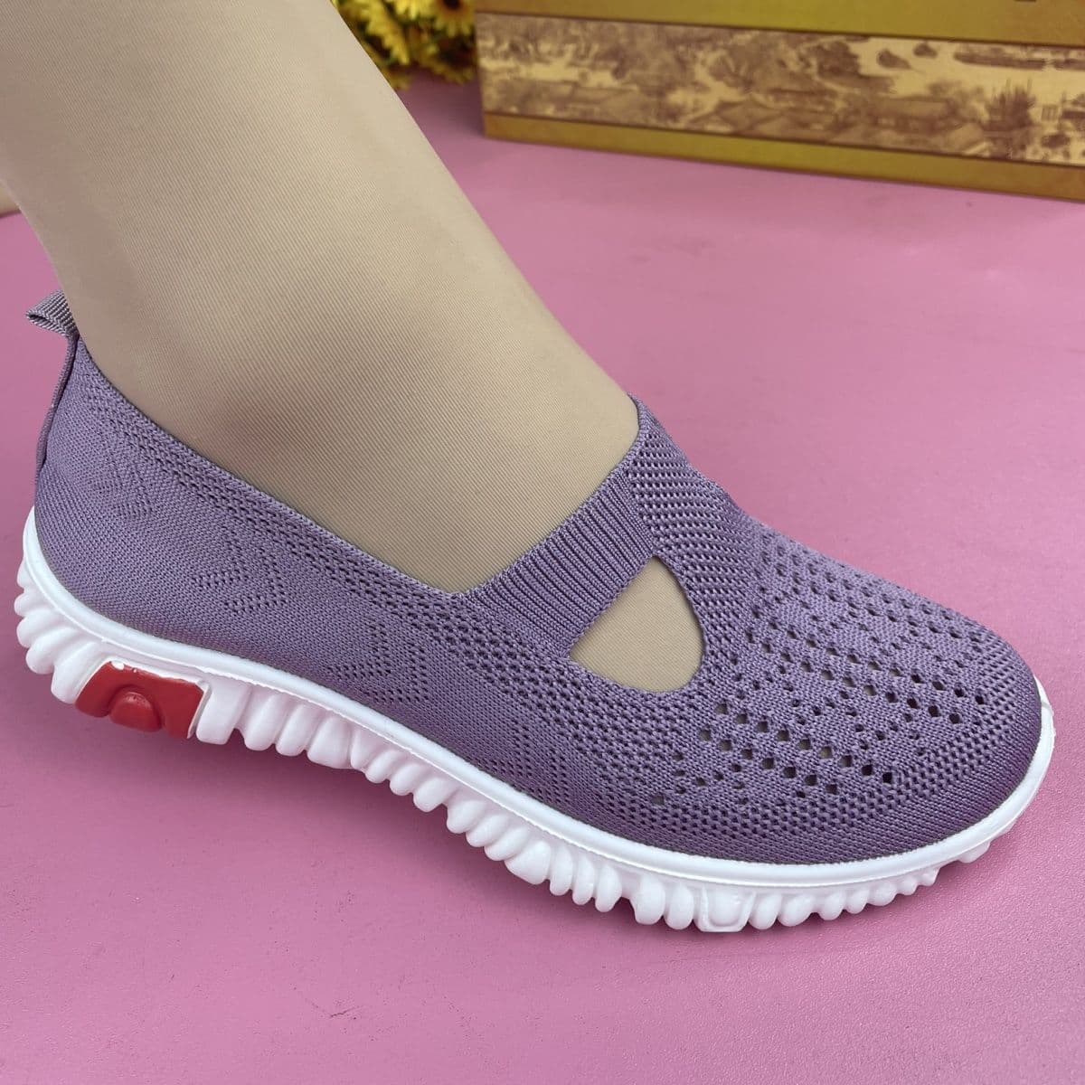 image-Women's Loafers Mesh Flat Heel Pink Size 41 Casual