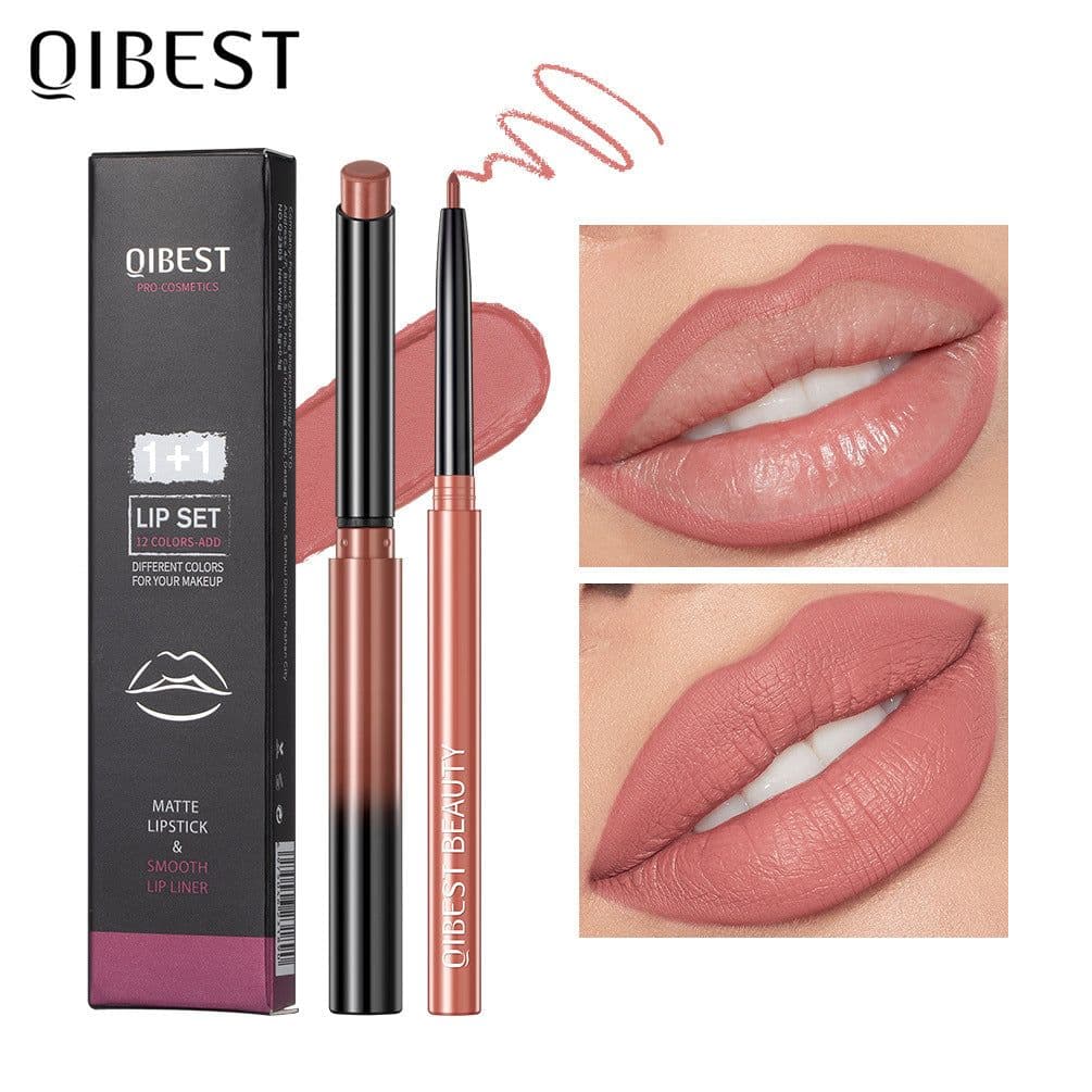 image-QIBEST Lipstick Lip Liner Set - Matte Nude Waterproof