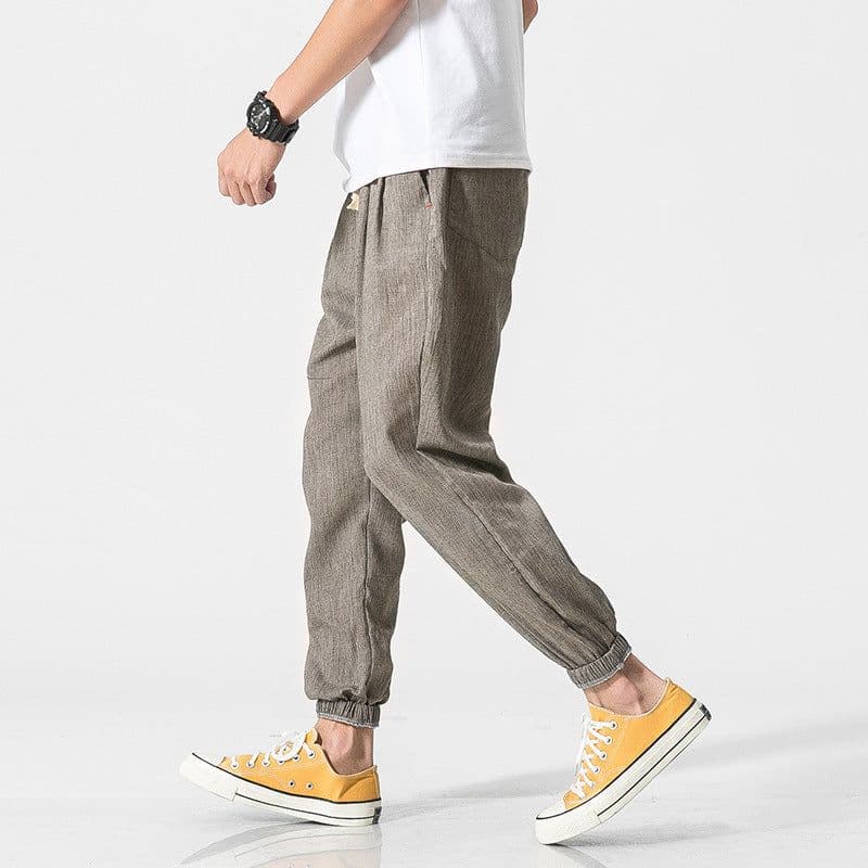 image-Jin Geyi Men's 5XL Japanese Harem Pants - Light Yellow Flax