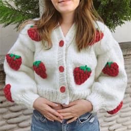 image-European and American style 2021 autumn and winter new women's fashion design single-breasted V-neck knitted cardigan strawberry long-sleeved sweater