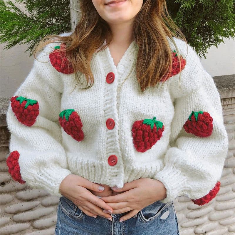 image-European and American style 2021 autumn and winter new women's fashion design single-breasted V-neck knitted cardigan strawberry long-sleeved sweater