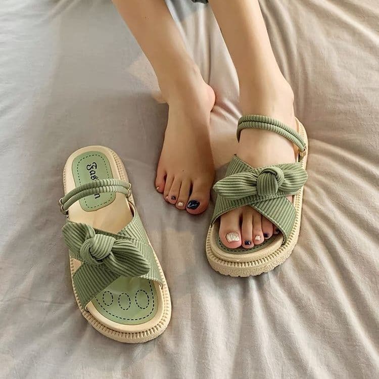 image-Roman Sandals - Beige Flat Bow Tie Summer