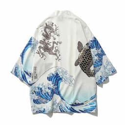 image-A generation of Japanese ukiyo-e Taoist robe sea wave carp kimono male and female couple three-quarter sleeve shirt wholesale