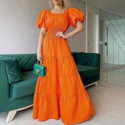 image-2022 Summer Ladies Dress Amazon Sundress Square Neck Puff Sleeve Maxi Dress Casual Beach Dress